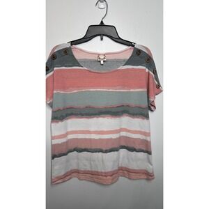 Truself women's Pink Grey Striped Button Shoulder Scoop Neck Top 09DX-ESYP